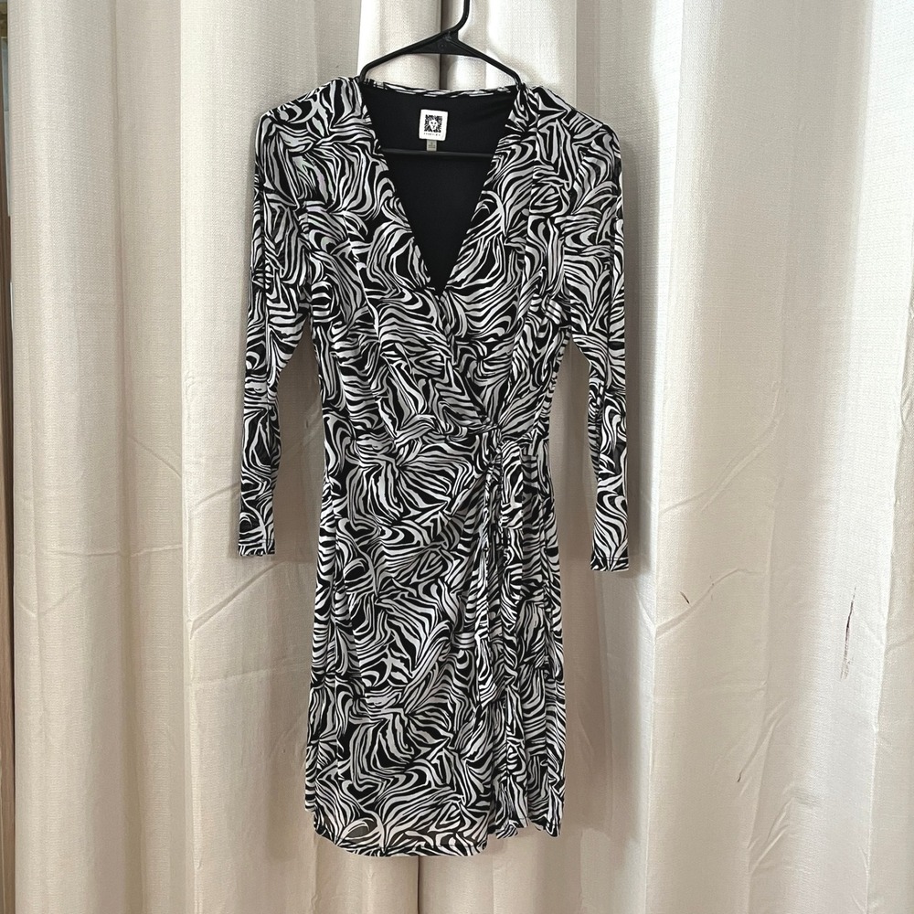 Anne Klein Faux Wrap Dress Womens Small LS Black White Zebra Swirl Mesh Mob WIfe